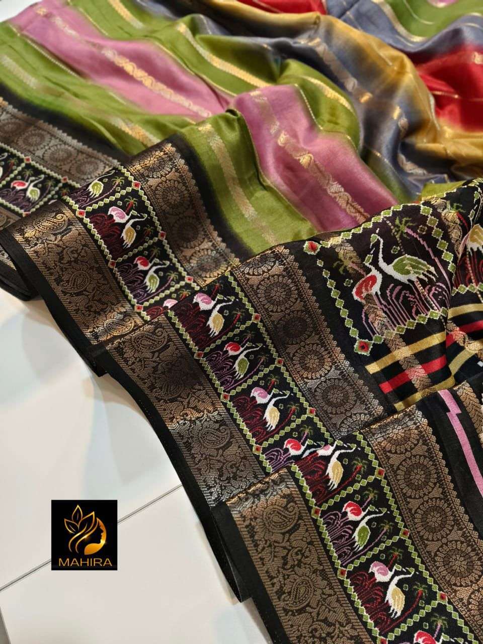 Beautiful and soft dola silk fabric with multicolored design on saree wholesale in surat rimi